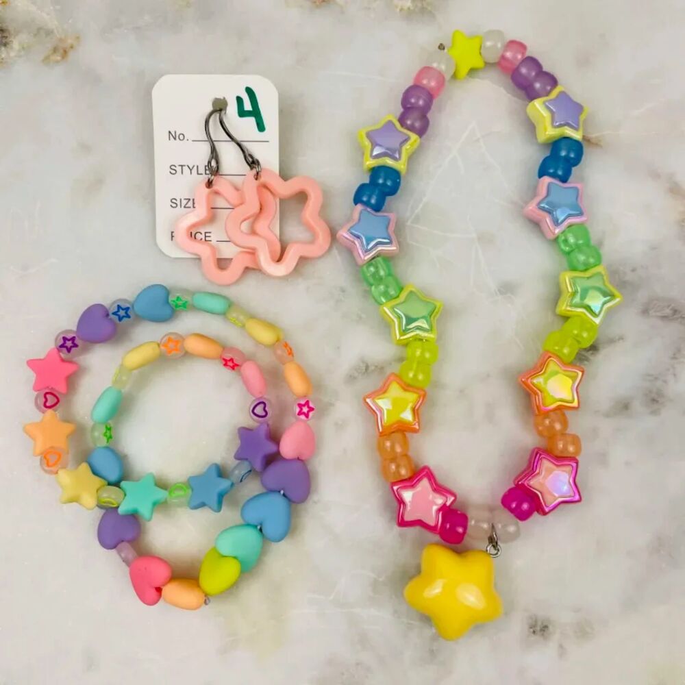 (Rainbow Brite) glow Star kandi Rave 4pc Set choker double bracelet earrings